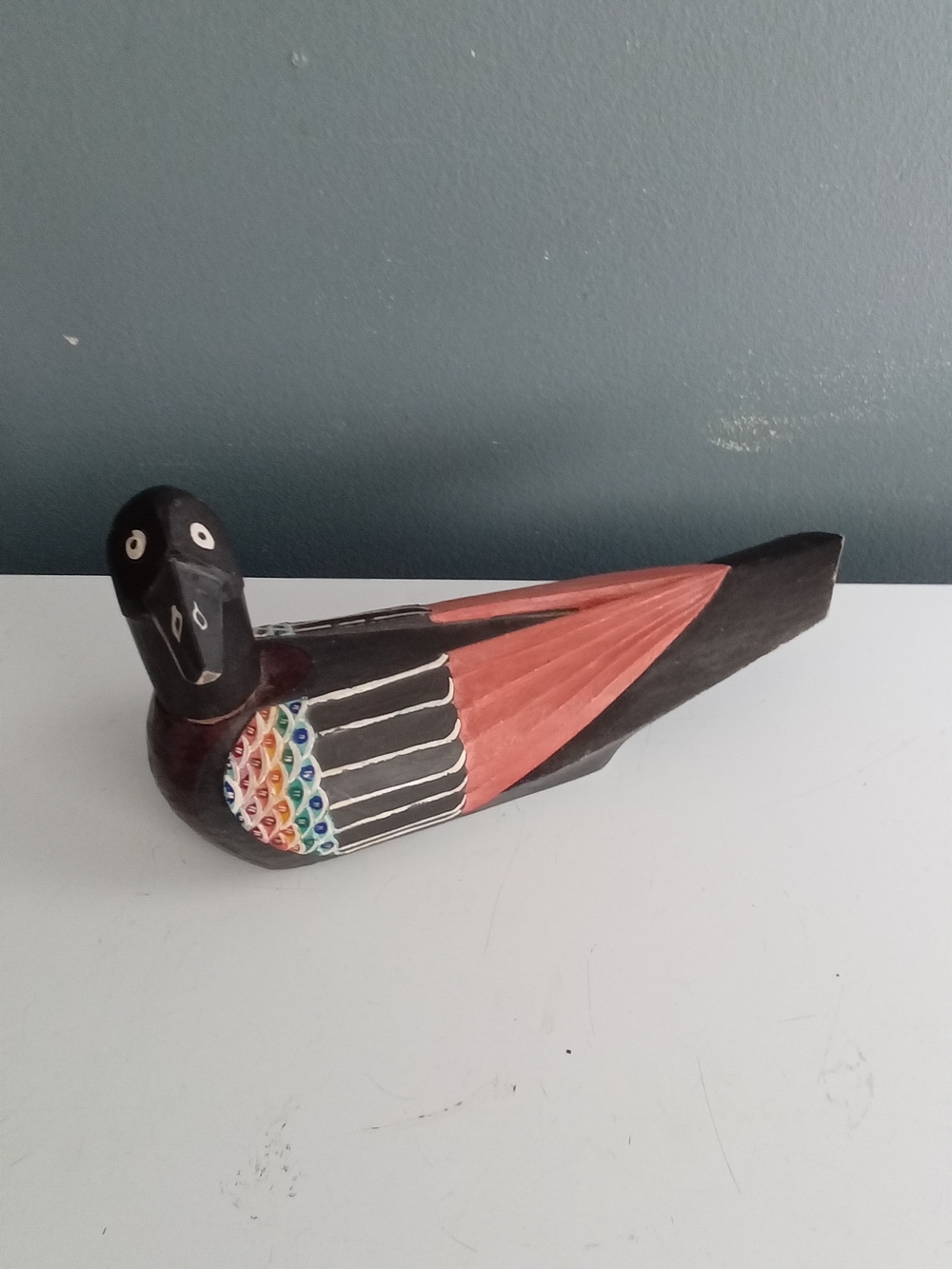 Handpainted Black & Coral Decorative Bird Figurine